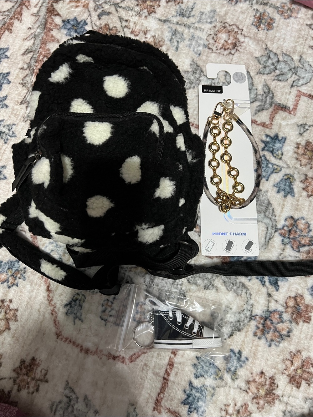 Black & White Fuzzy Polka Dot Mini Backpack with converse bag/ phone charms